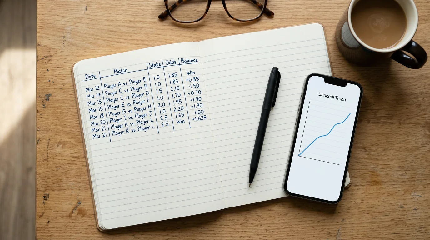 Libreta de registro de apuestas con anotaciones de stake y resultados