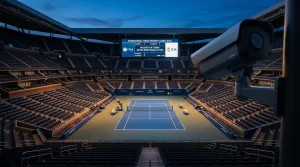 Pista de tenis profesional con sistema de vigilancia para integridad deportiva