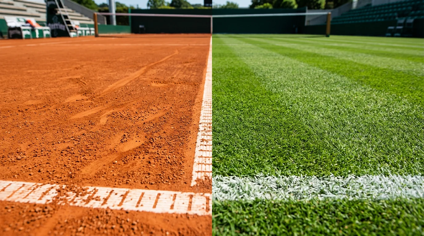 Comparación visual de pista de tierra batida y hierba en tenis