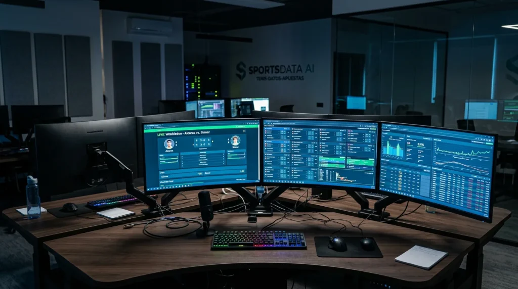 Pantalla de ordenador mostrando feeds de datos en tiempo real de partido de tenis